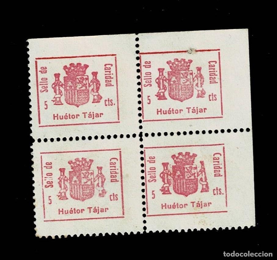 Sellos: Guerra Civil HUETOR TAJAR Sello de CARIDAD Fesofi N&ordm; 14 en BLOQUE DE 4 Color CARMIN Variedad LEYEN