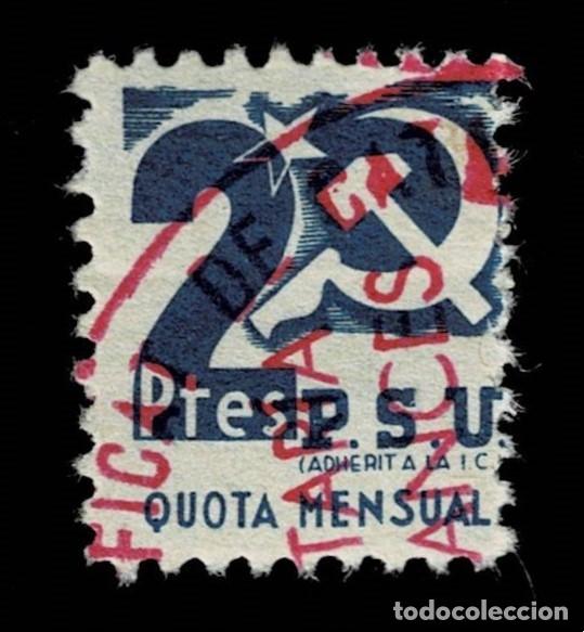 Sellos: Guerra Civil P.S.U. (Adherit a la I.C.) Quota Mensual GG n&ordm; 1824 Valor 2 Ptes. Color AZUL Sin fijase