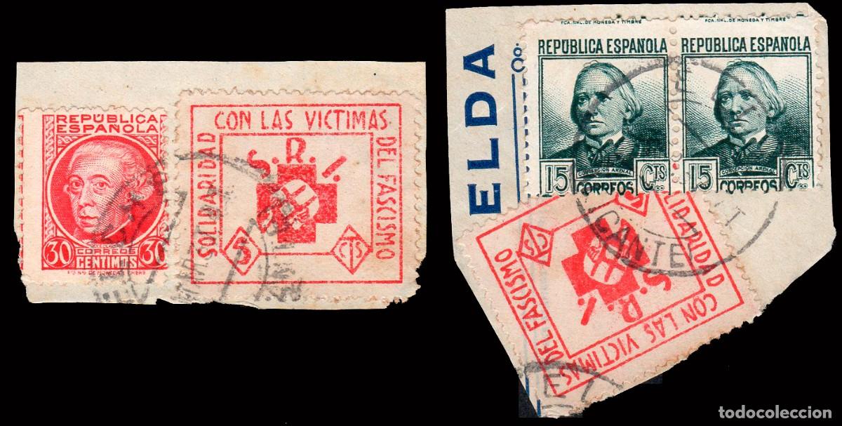 Sellos: Espa&ntilde;a - Guerra Civil - Vi&ntilde;etas Pol&iacute;ticas - Allepuz o 1078(2) - 2 fragmentos con franqueo
