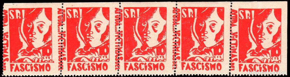 Sellos: Espa&ntilde;a - Guerra Civil - Vi&ntilde;etas Pol&iacute;ticas - Allepuz ** 1113 Tira 4 - &rdquo;10 cts. Ayuda al Fascismo&rdquo;