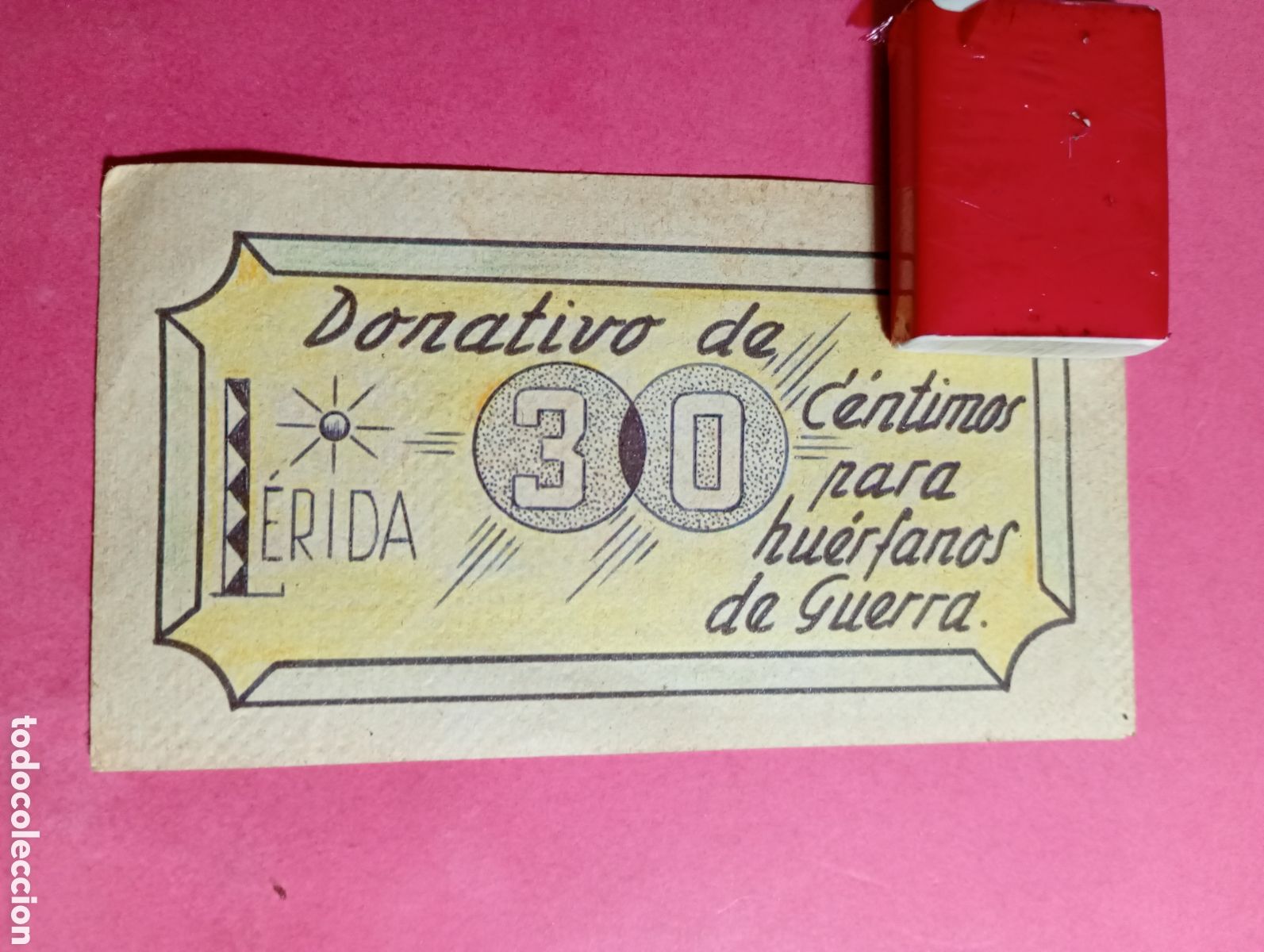 Sellos: LLEIDA DONATIVO 30 CTS. PARA HU&Eacute;RFANOS DE GUERRA ''RICOS CALDOS DE LA ZONA''