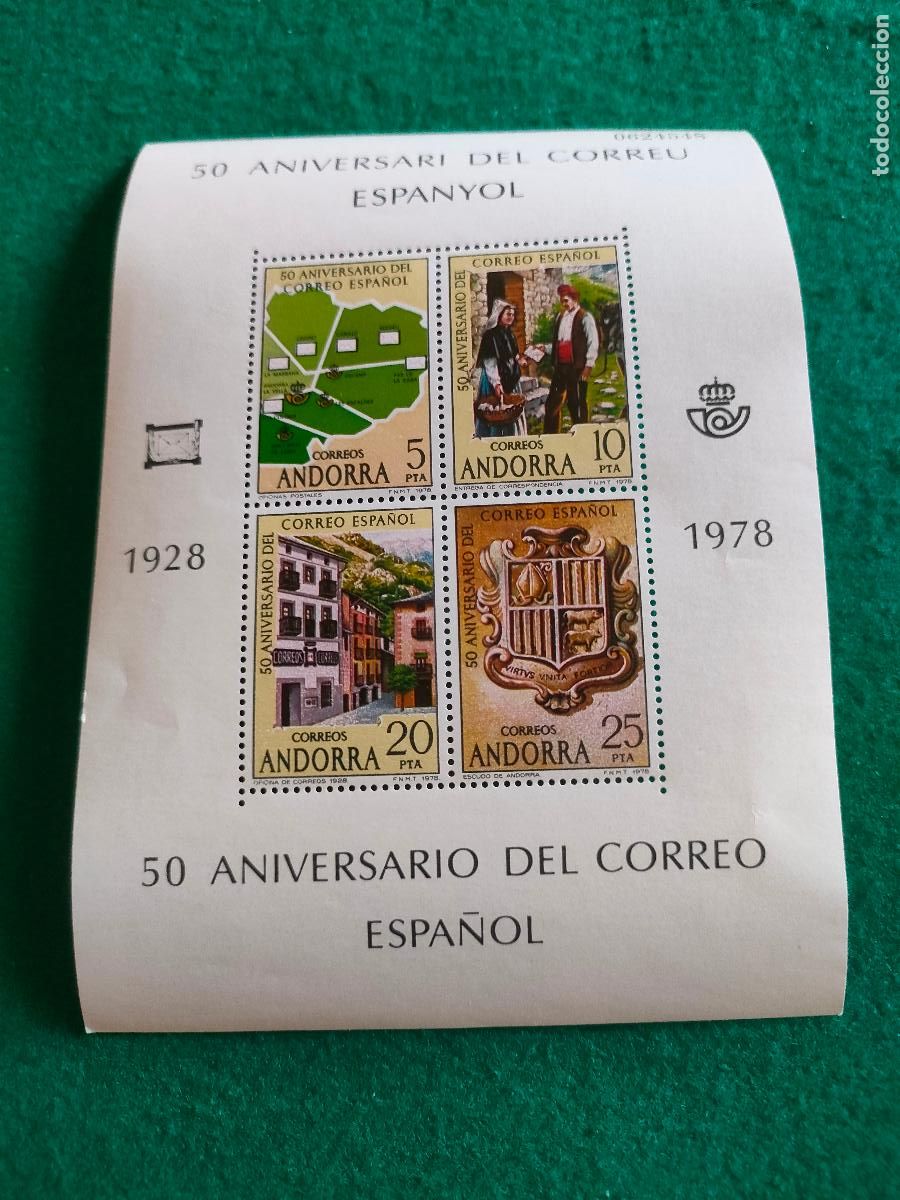 Sellos: HOJITA DE ANDORRA 50 ANIVERSARIO DEL CORREO ESPA&Ntilde;OL 1978