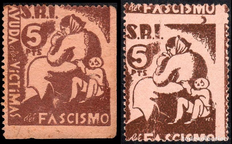 Sellos: Espa&ntilde;a - Guerra Civil - Vi&ntilde;etas Pol&iacute;ticas - Allepuz * 1122/23 - &rdquo;5 Pta. Ayuda v&iacute;ctimas del fascismo&rdquo;