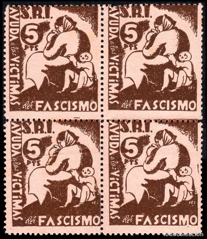 Sellos: Espa&ntilde;a - Guerra Civil - Vi&ntilde;etas Pol&iacute;ticas - Allepuz * 1122 Bl. 4 - &rdquo;5 Ptas. Ayuda v&iacute;ctimas del..&rdquo;