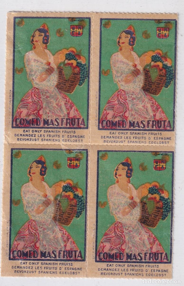Sellos: 4 vi&ntilde;etas publicitarias. comed mas fruta. Valencia. Fallera.