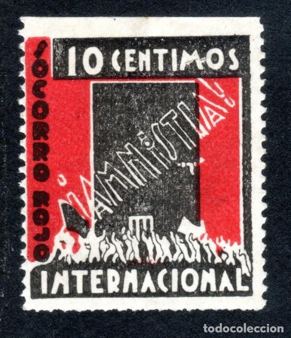 Sellos: SOCORRO ROJO INTERNACIONAL. AMNIST&Iacute;A. 10 C&Eacute;NTIMOS. ALLEPUZ 1068. MUY RARO.