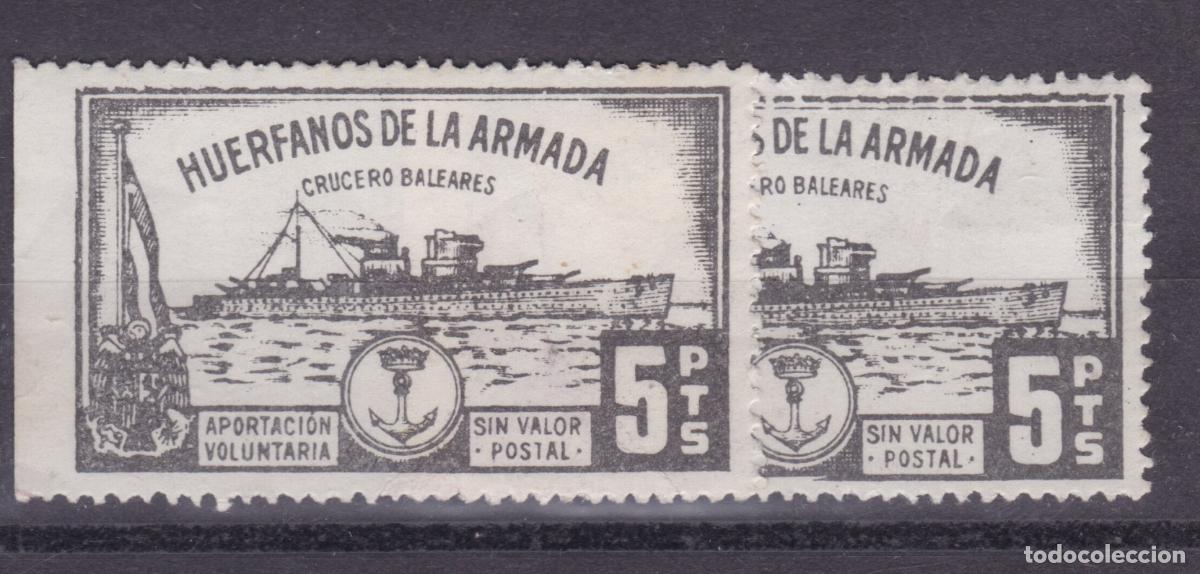 Sellos: FC4-81-PARAFiscales HUERFANOS de la ARMADA 5 Ptas Crucero Baleares x 2 Vi&ntilde;etas ** Sin Fijasellos