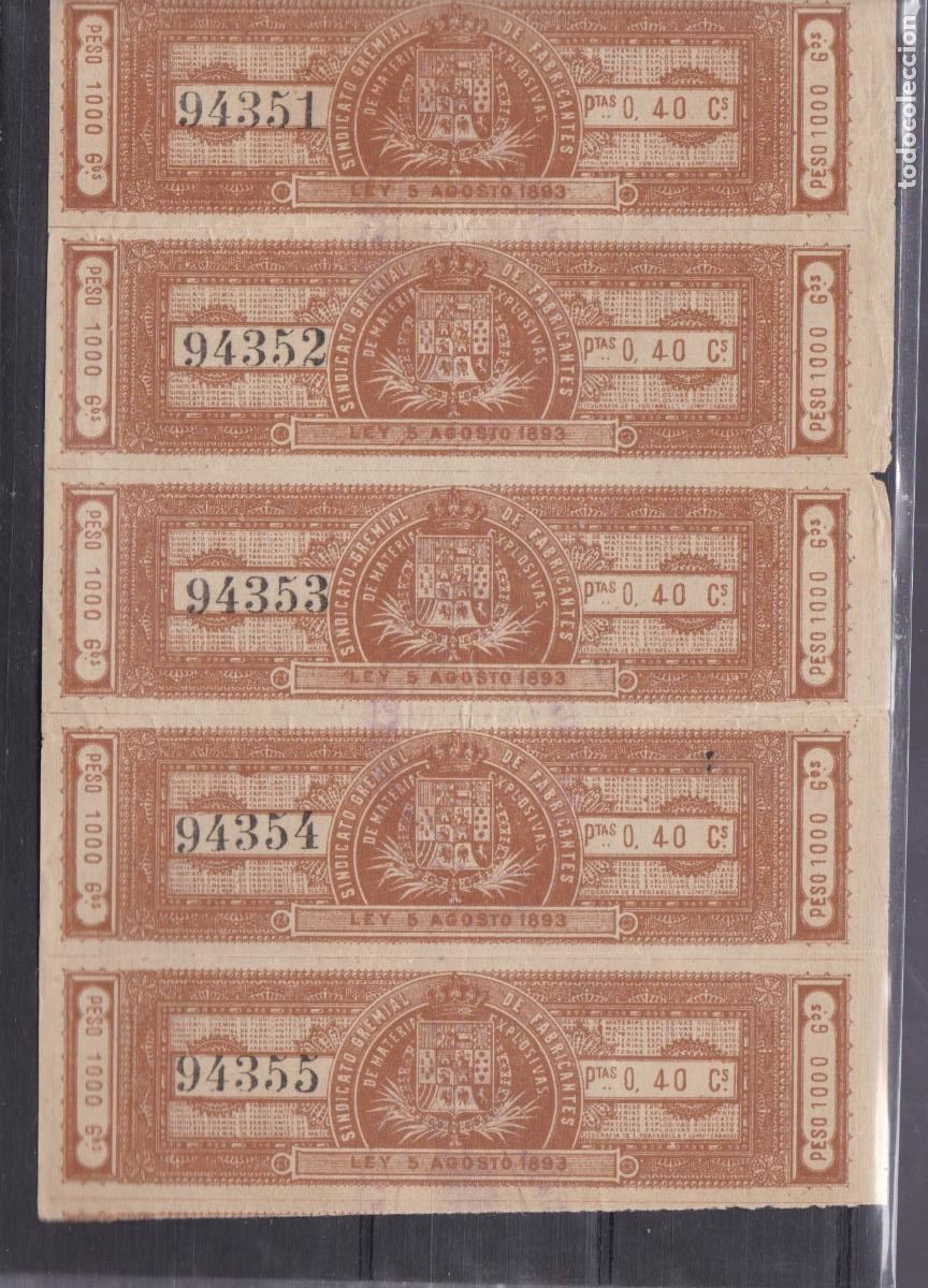 Sellos: SS33- FISCALES Sindicato Gremial Fabricantes 40 cts 1893 Explosivos. Tira 5 (*)
