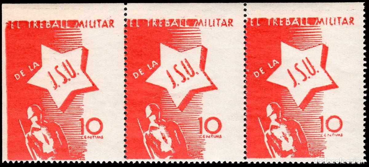 Sellos: Espa&ntilde;a - Guerra Civil - Vi&ntilde;etas Pol&iacute;ticas - Allepuz ** 1567 Tira 3 -&rdquo;10 cts. Pel Treball militar...&rdquo;