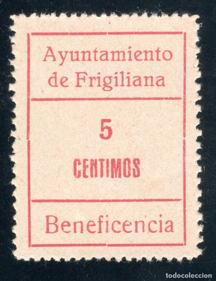 Sellos: FRIGILIANA (M&Aacute;LAGA). AYUNTAMIENTO. BENEFICENCIA. 5 C&Eacute;NTIMOS.