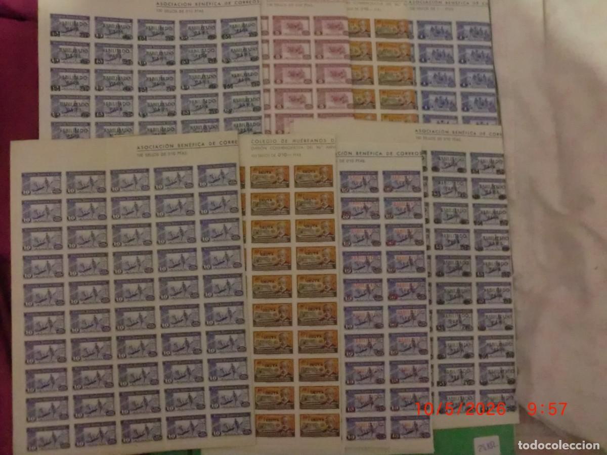 Sellos: 1944 IMPRESIONANTE LOTE 8 PLIEGOS ASOCIACION BENEFICA DE CORREOS 800 SELLOS