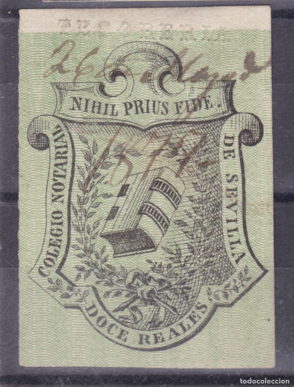 Sellos: FC4-113- FISCALES Sello Colegio Notarial SEVILLA 12 Reales 1877. Tesorer&iacute;a