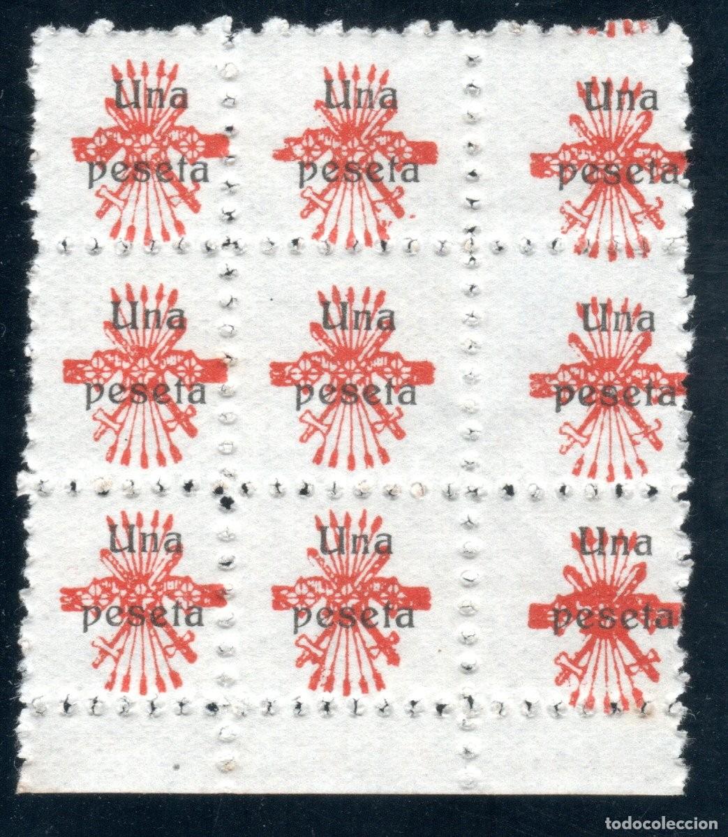 Sellos: FALANGE. YUGO Y FLECHAS. 1 PESETA (BLOQUE DE 9). MNH **