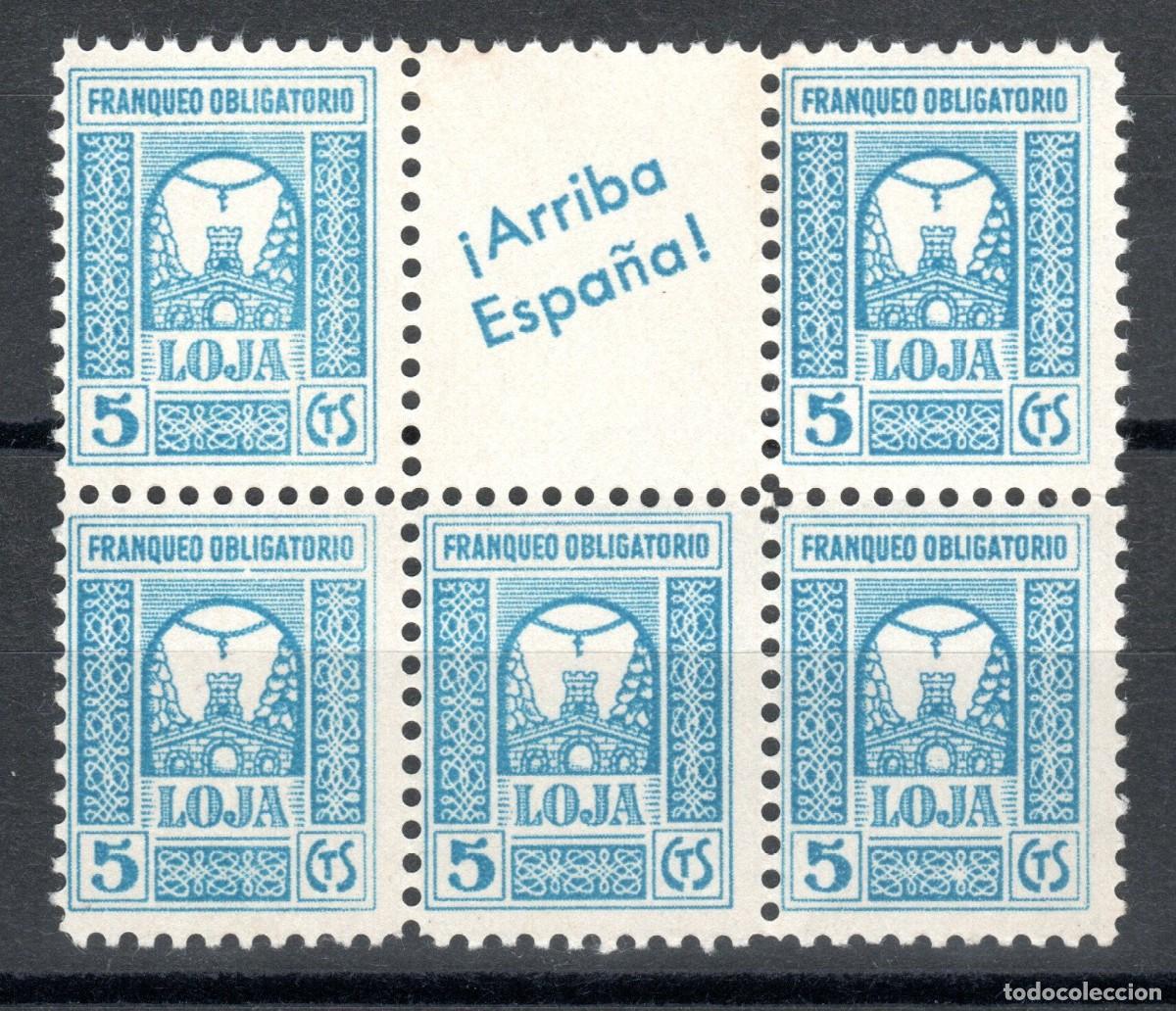 Sellos: LOJA (GRANADA). FRANQUEO OBLIGATORIO (BLOQUE DE 5) . INSCRIPCI&Oacute;N &rdquo;ARRIBA ESPA&Ntilde;A&rdquo;. ESCASO AS&Iacute;. MNH **