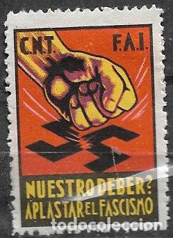 Sellos: GUERRA CIVIL Vi&ntilde;etas Pol&iacute;ticas. GUILLAM&Oacute;N n&ordm; 1887 * FAI / CNT