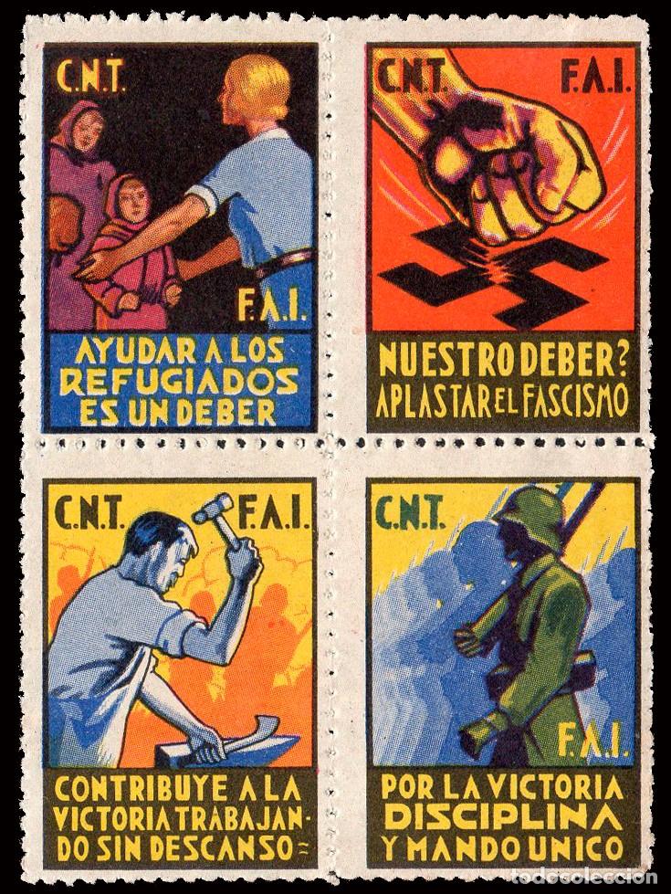 Sellos: Espa&ntilde;a - Guerra Civil - Vi&ntilde;etas Pol&iacute;ticas - Allepuz ** 1906 unidos en Bl. 4 - &rdquo;CNT - FAI&rdquo;