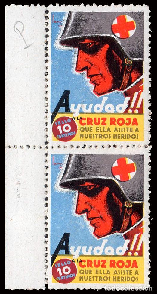 Sellos: Espa&ntilde;a - Guerra Civil - Vi&ntilde;etas Pol&iacute;ticas - Allepuz ** 2203 Pareja - &rdquo;10 cts. Ayudad a la Cruz Roja&rdquo;