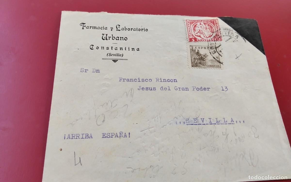 Sellos: GUERRA CIVIL SOBRE DE LUTO CIRCULADO DE CONSTANTINA A SEVILLA VER DESCRIPCION