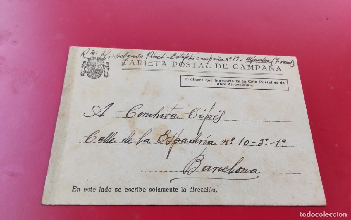 Sellos: TARJETA POSTAL DE CAMPA&Ntilde;A CIRCULADA DESDE FRENTE DE TERUEL ESTAFETA N&ordm; 19 A BARCELONA