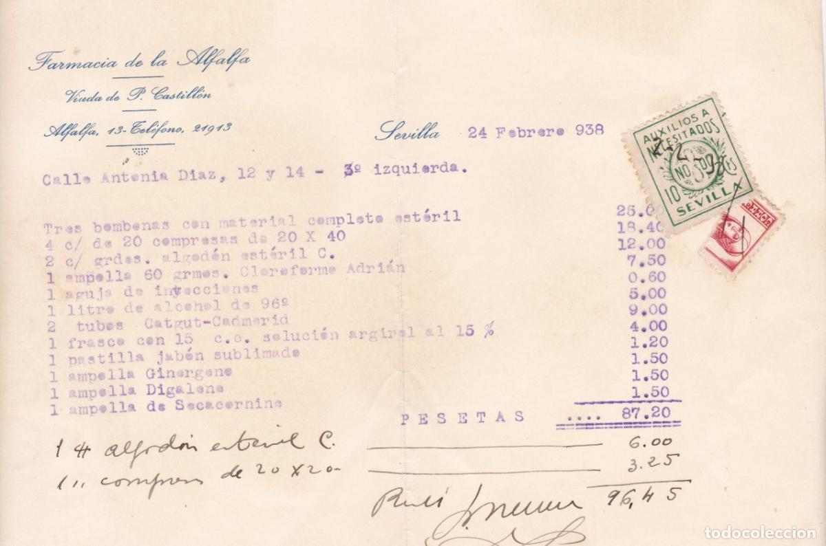Sellos: GP1- Guerra Civil Factura Farmacia Sevilla 1938 Con Vi&ntilde;eta Auxilio Necesitados y Sello Bisectado