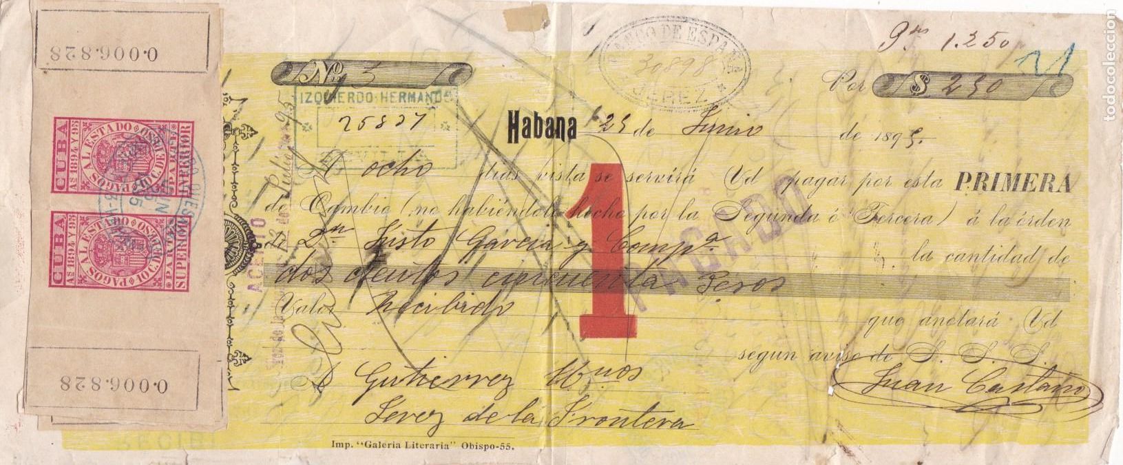 Sellos: GP3A- FISCALES Cheque HABANA Cuba- Jerez con Fiscales PAGOS AL ESTADO 1895
