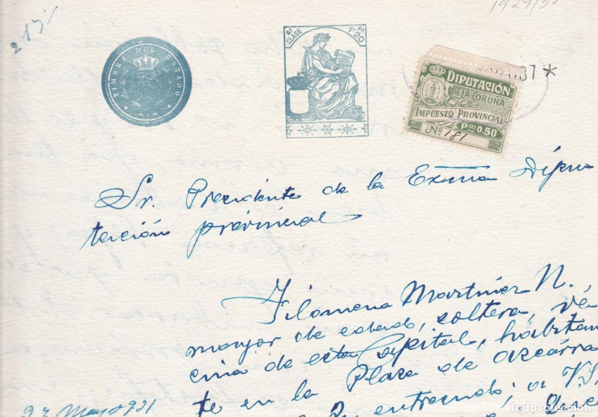 Sellos: GP4- FISCALES LOCALES . Diputacion de LA CORU&Ntilde;A 0.50 Ptas en Documento 1931
