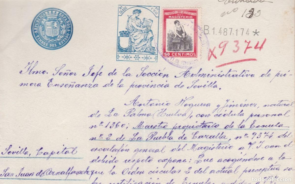 Sellos: GP4A- FISCALES /PARAFISCALES .Hu&eacute;rfanos Magisterio 50 Cts en Documento PUEBLA DE CAZALLA 1936
