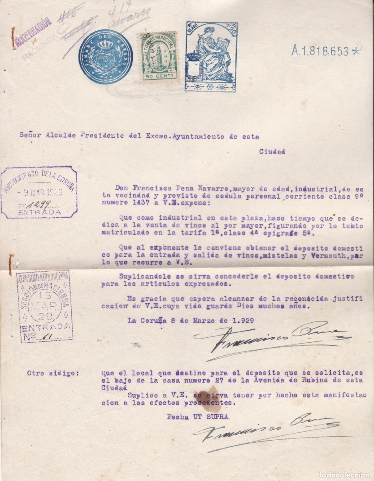 Sellos: GP10A- FISCALES Locales Timbre Municipal LA CORU&Ntilde;A En Documento 1929. Firma del Alcalde