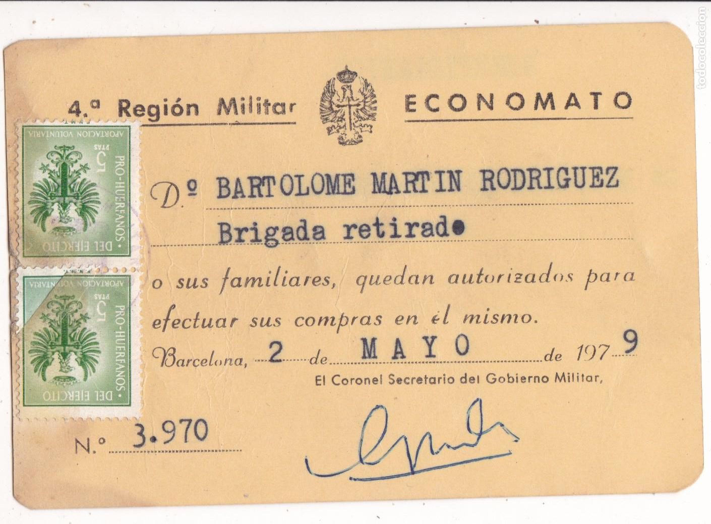 Sellos: SS14- PARAFISCALES Hu&eacute;rfanos EJERCITO en Carnet ECONOMATO MILITAR BARCELONA 1979