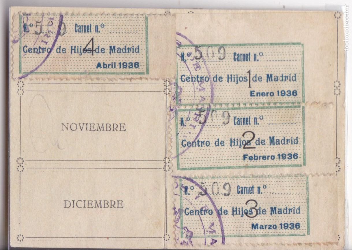 Sellos: SS14- PARAFISCALES Cup&oacute;nes (4) en Carnet CENTRO DE HIJOS DE MADRID 1936