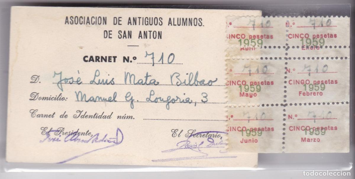 Sellos: SS15- PARAFISCALES Cup&oacute;nes (6) en Carnet Asoc. ANTIGUOS ALUMNOS SAN ANTON 1959. VARIEDAD DENTADO