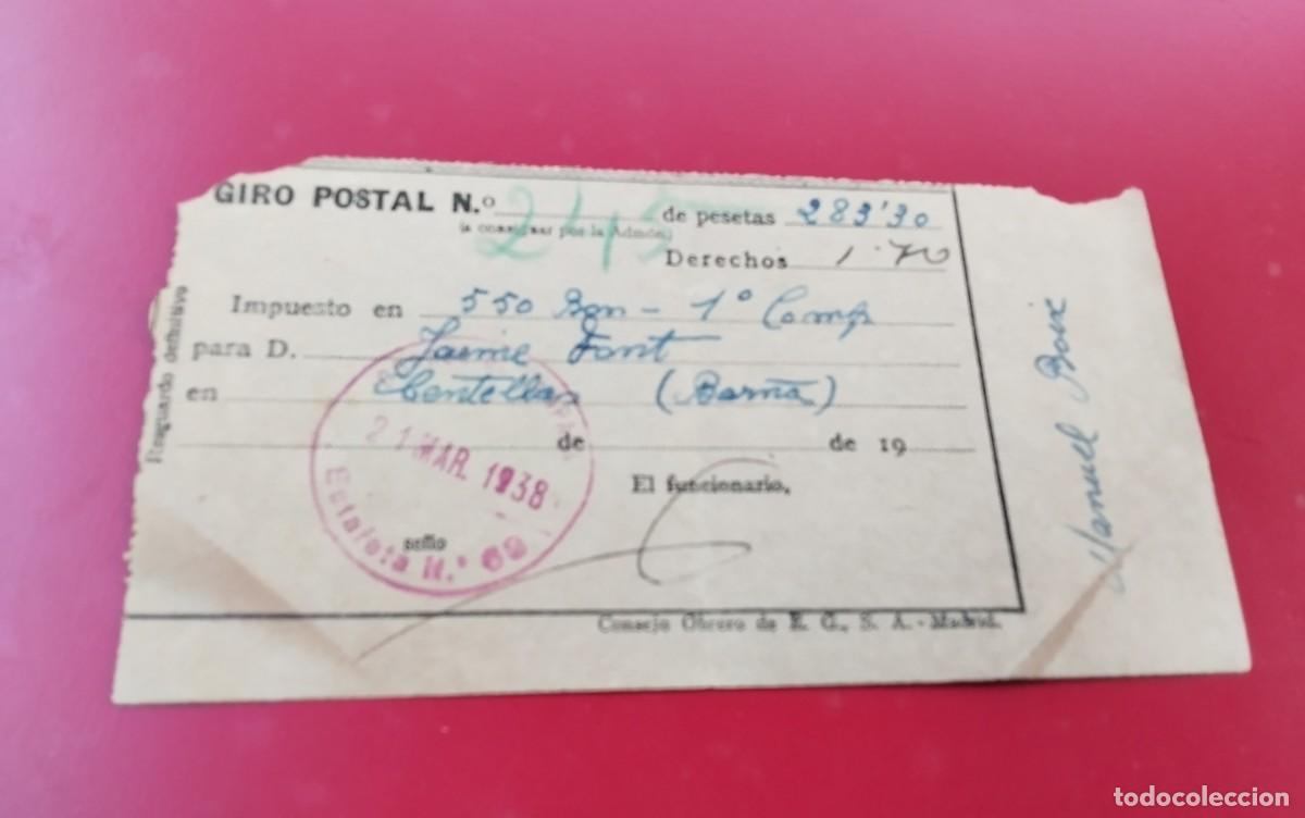 Sellos: GUERRA CIVIL GIRO POSTAL DE 283,80 PTS REALIZADO DESDE LA ESTAFETA DE CAMPA&Ntilde;A N&ordm; 68 21 MARZO DE 1938