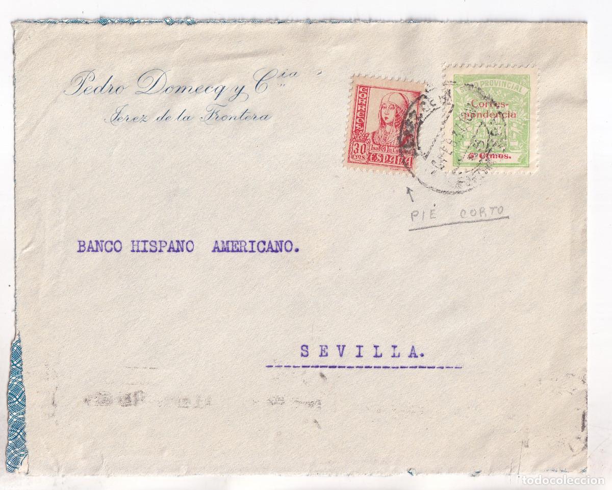 Sellos: SOBRE. JEREZ. C&Aacute;DIZ. 1937. LOCAL E ISABEL LA CAT&Oacute;LICA PIE CORTO. RARO