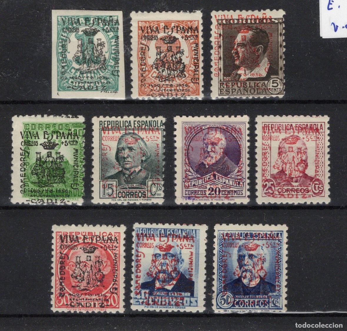 Stamps: PAT56 Sellos Espa&ntilde;a a&ntilde;o 1936 emisiones locales CADIZ EDIFIL 1/10* marquillados v.c. 19.75 &euro;