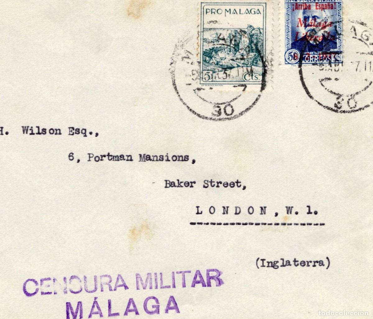 Francobolli: PAT111 Sellos Espa&ntilde;a carta a LONDRES con sellos pratioticos MALAGA y censura militar