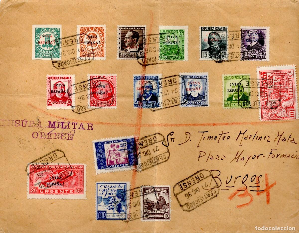 Selos: PAT122 Sellos Espa&ntilde;a espectacular franqueo con sellos patrioticos de la primera serie ORENSE