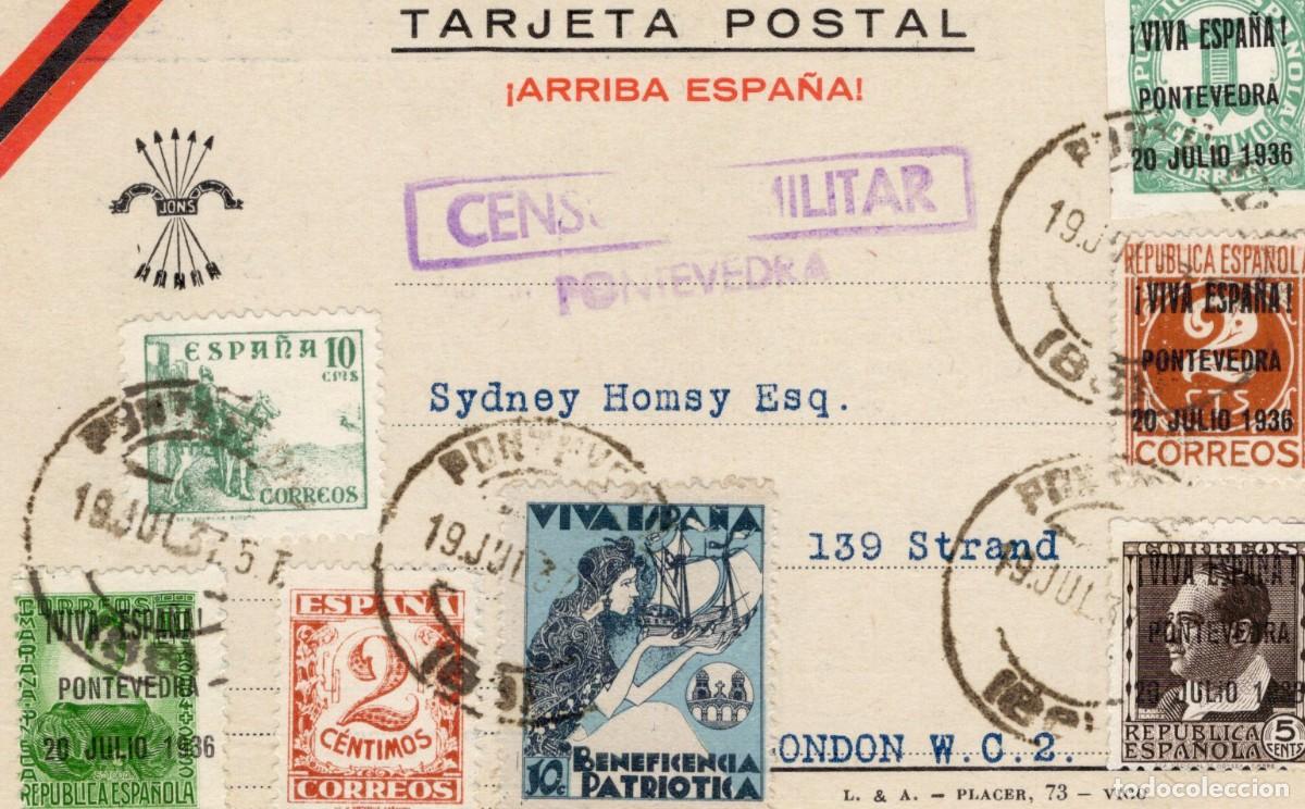 Selos: PAT138 Sellos Espa&ntilde;a tarjeta postal con censura militar y sellos patrioticos de PONTEVEDRA