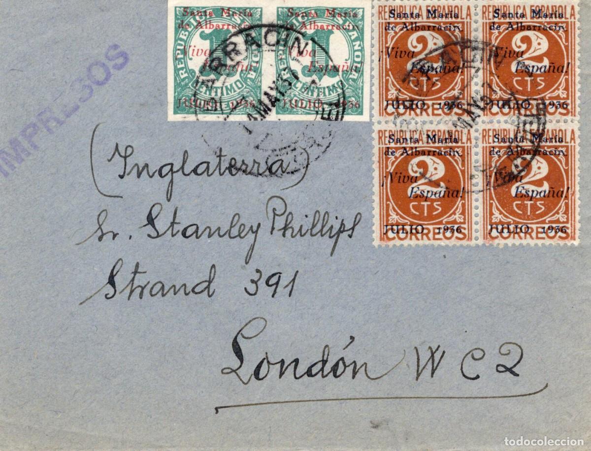 Selos: PAT155 Sellos Espa&ntilde;a a&ntilde;o 1937 carta a LONDRES sellos patrioticos SANTA MARIA a ALBARRACIN