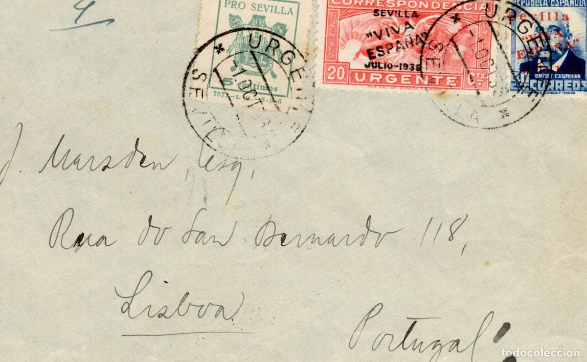 Francobolli: PAT184 Sellos Espa&ntilde;a carta a LISBOA con sellos patrioticos de SEVILLA y llegada al dorso