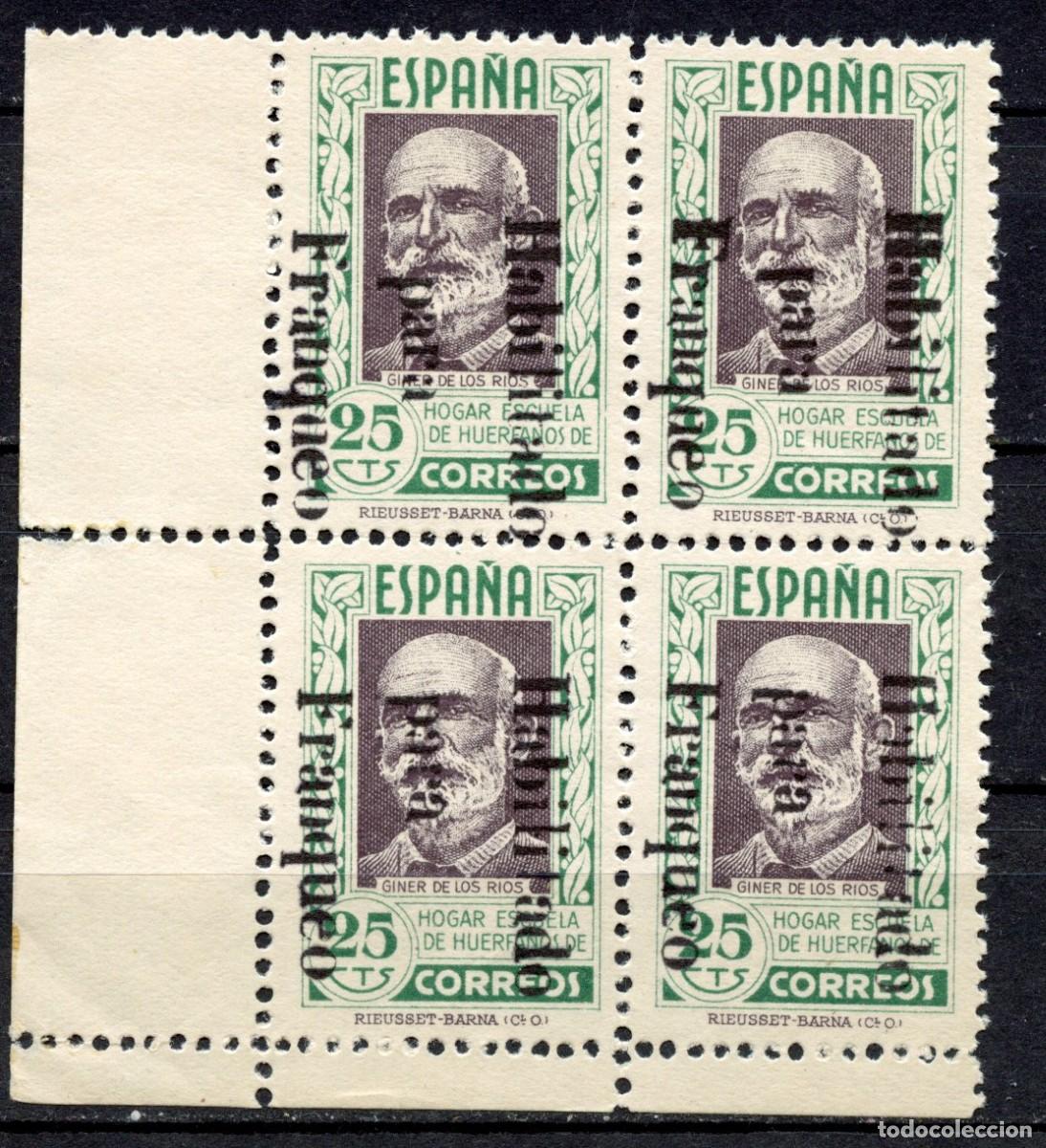 Sellos: ESPA&Ntilde;A. BENEFICENCIA. HU&Eacute;RFANOS CORREOS. EDIFIL N&ordm; NE11** BLOQUE 4. Sobrecarga de arriba hacia abajo