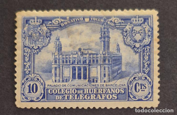 Sellos: Espa&ntilde;a 1935 - Beneficienci Hu&eacute;rfanos de Tel&eacute;grafos - Pal. Com. Barcelona, 10c. (Edifil 7 **)