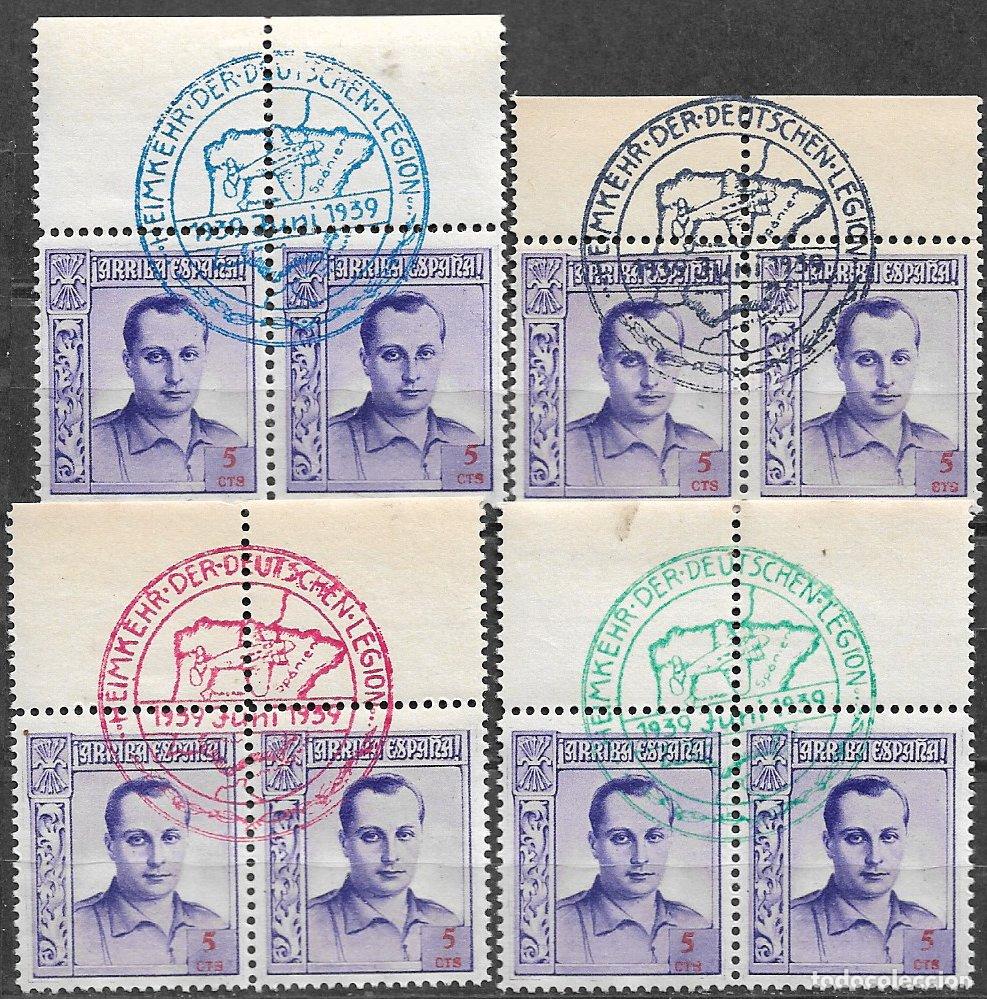 Sellos: Homenaje al regreso de la Legi&oacute;n C&oacute;ndor, junio 1939, 4 parejas del sello de 5 cts. de Jos&eacute; Antonio