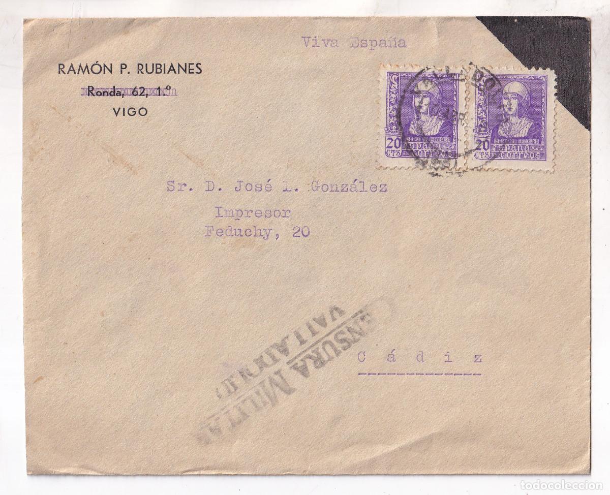 Sellos: SOBRE. VALLADOLID A C&Aacute;DIZ. 1939. CENSURA MILITAR. DORSO BUZONES DE ALCANCE.