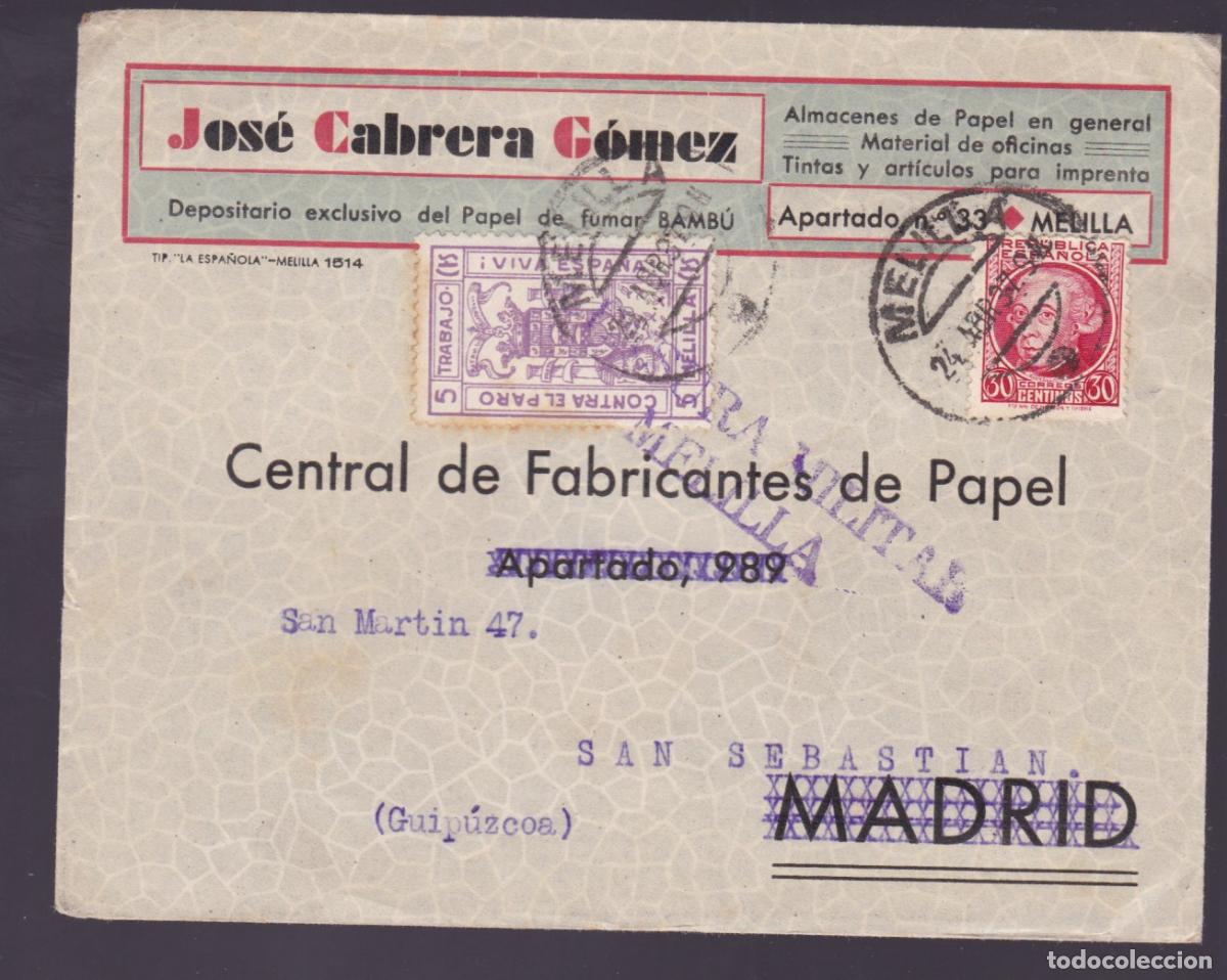 Sellos: F27-5- Carta Ilustrada Papel Fumar Bamb&uacute;. MELILLA 1937. Censura y Local Ben&eacute;fico