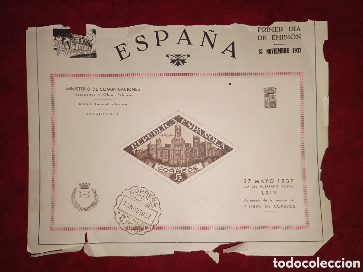 Sellos: ESPA&Ntilde;A 1937 - BENEFICENCIA HU&Eacute;RFANOS DE CORREOS - EDIFIL 17 - MATASELLO DE PRIMER D&Iacute;A