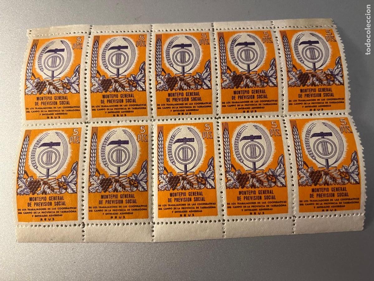 Sellos: 10 vi&ntilde;etas montepio general de prevenci&oacute;n social Reus