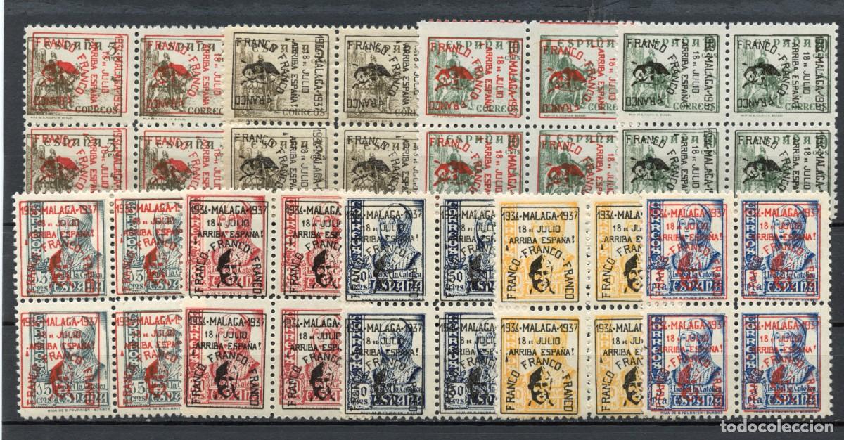 Sellos: ESPA&Ntilde;A GUERRA CIVIL PATRIOTICOS M&Aacute;LAGA UNIFICADO 41/47** EN BLOQUE DE 4 SIN FIJASELLOS