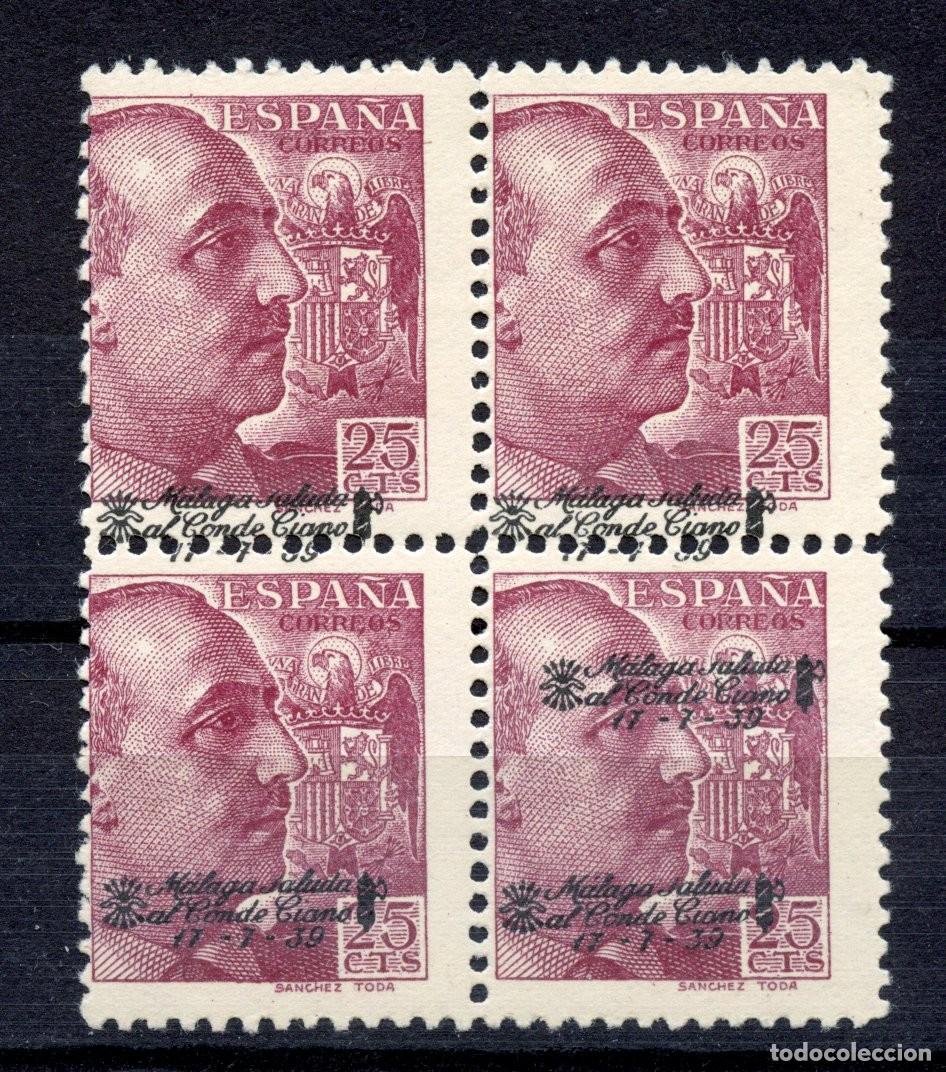 Sellos: ESPA&Ntilde;A GUERRA CIVIL PATRIOTICOS M&Aacute;LAGA UNIFICADO 62hhx BLOQUE DE 4** con 3 normales