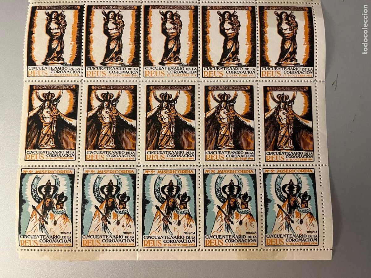 Sellos: 15 vi&ntilde;etas coronaci&oacute;n de la coronaci&oacute;n de Misericordia Reus Tarragona 1954