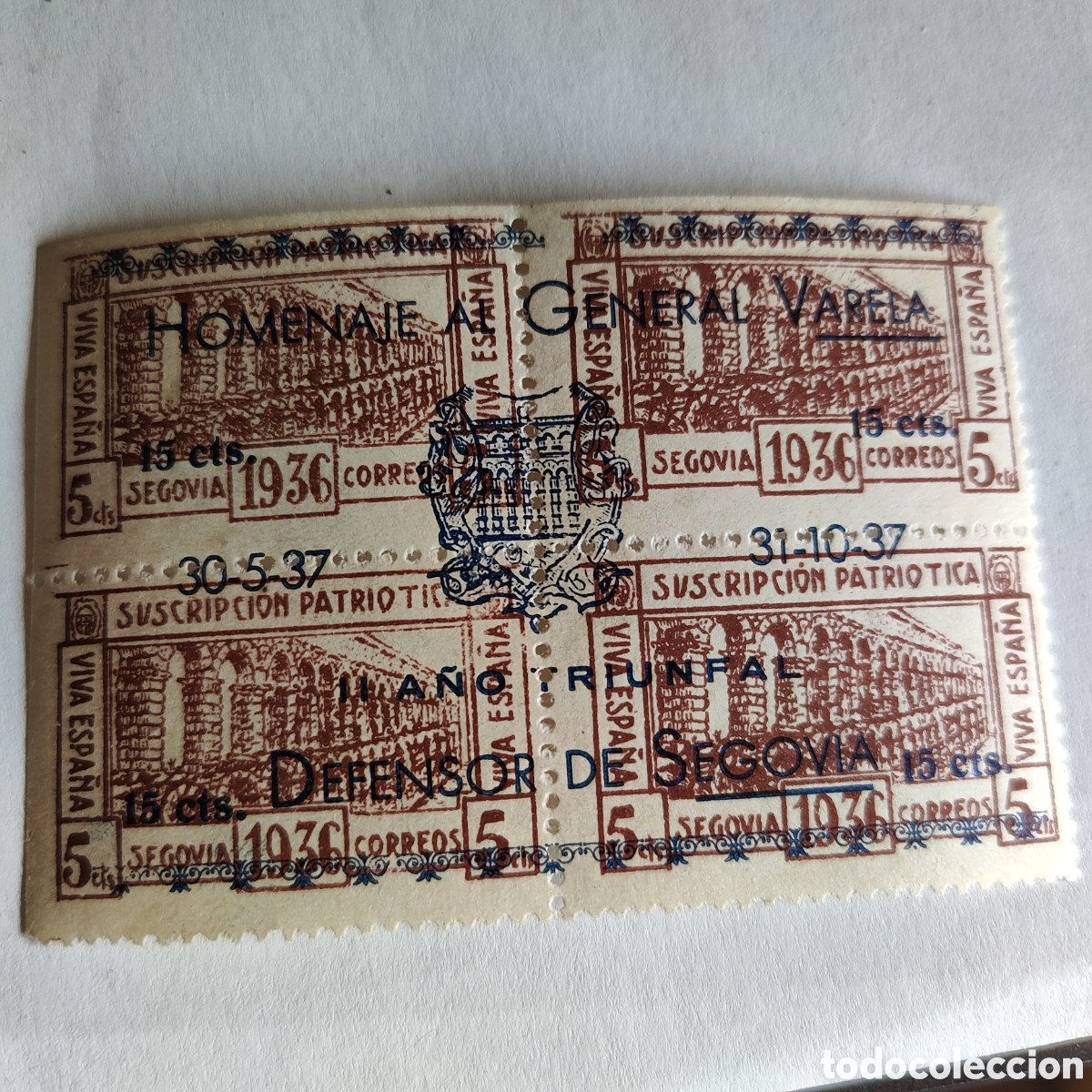 Sellos: y08 Segovia Allepuz 5 sobrecarga Homenaje General Varela Defensor de Segovia 15 cts